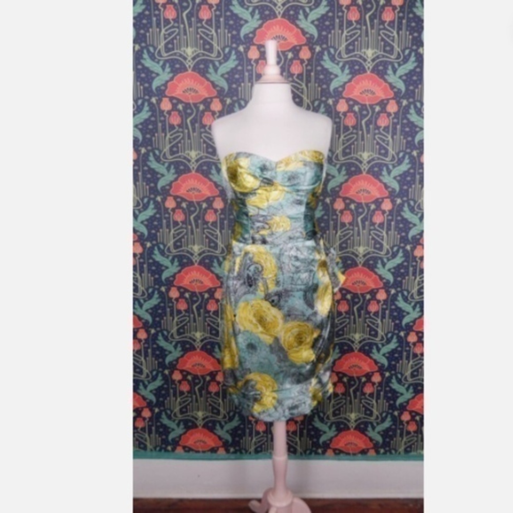 Nanette Lepore Vintage 50's Style Strapless Blue Yellow Silk Cocktail Dress 6